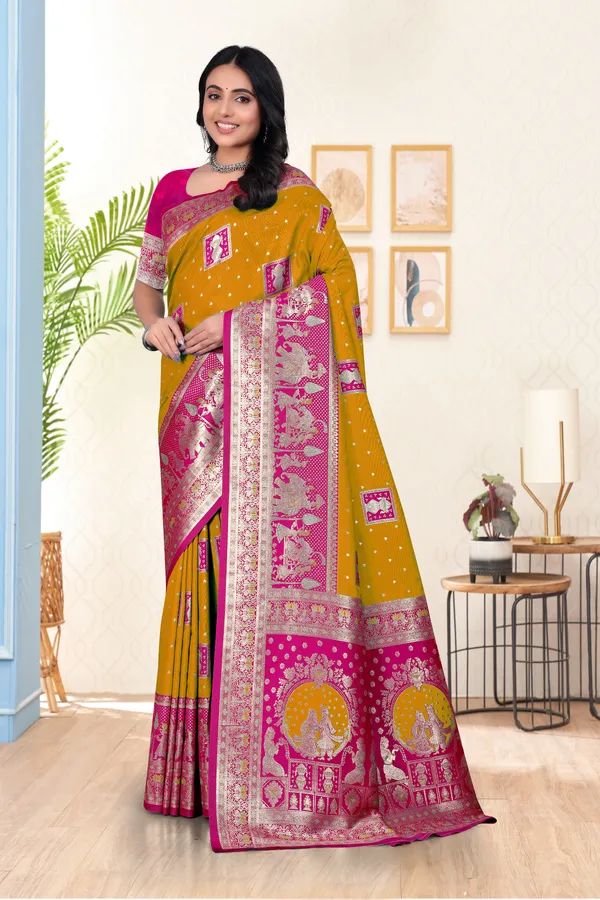 Yellow_And_Pink_Banarasi_Silk_Saree_With_Zari_Work