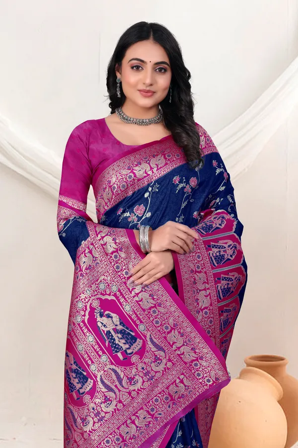 Navy_Blue_Banarasi_Silk_Saree_With_Pink_Zari_Border