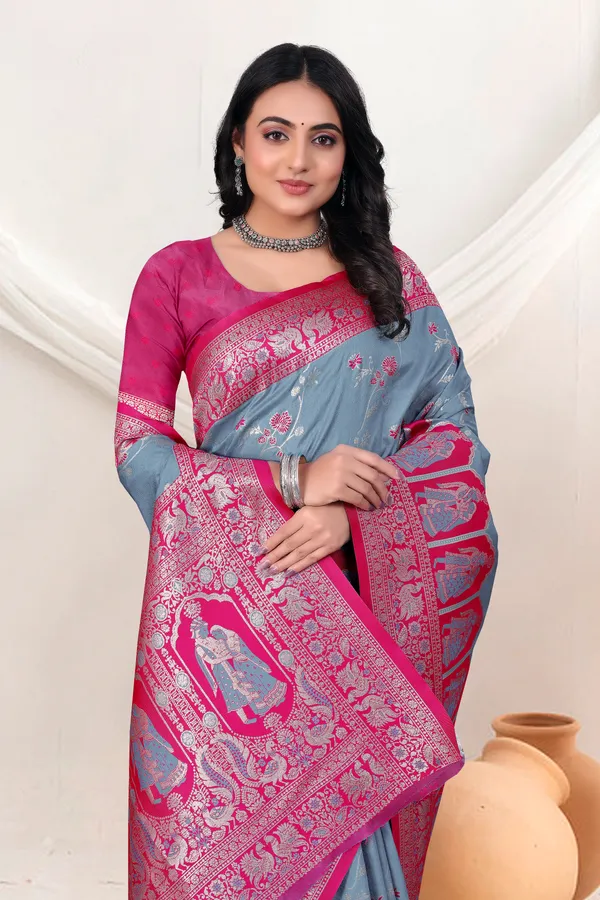 Banarasi_Silk_Saree_With_Zari_Weaving_In_Grey_And_Blue_And_Pink