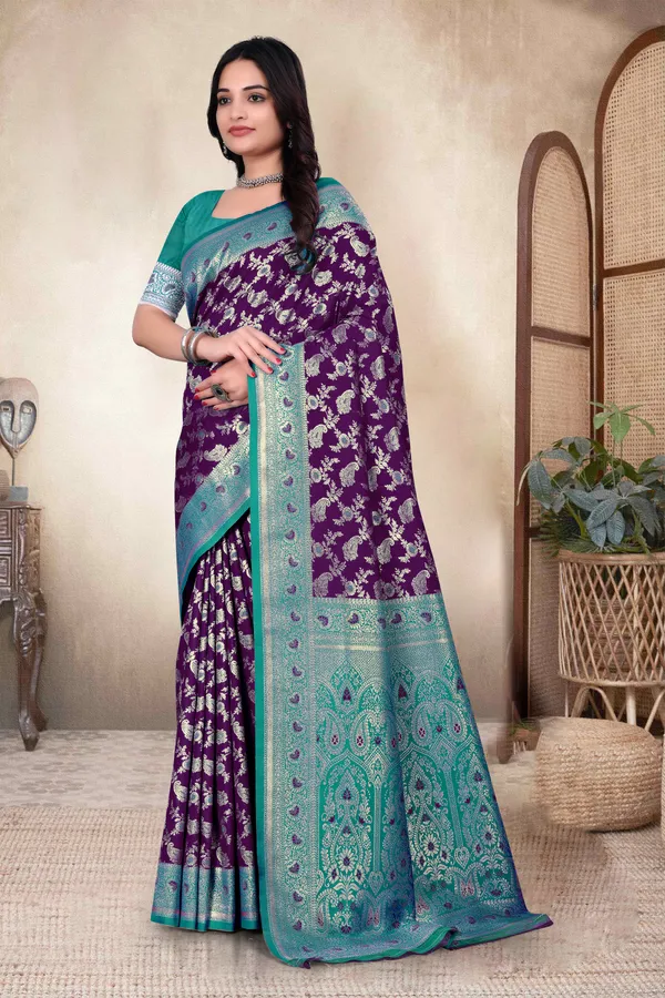 Purple_Banarasi_Silk_Saree_With_Teal_Zari_Border_And_Blouse