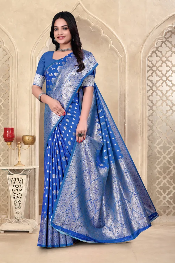 Blue_Banarasi_Silk_Saree_With_Silver_Zari_Work