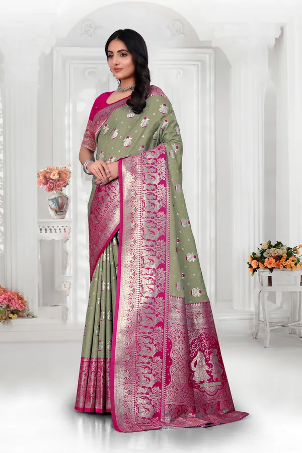 Banarasi_Silk_Saree_With_Zari_Weaving_-_Mehendi_Green_And_Magenta_Pink