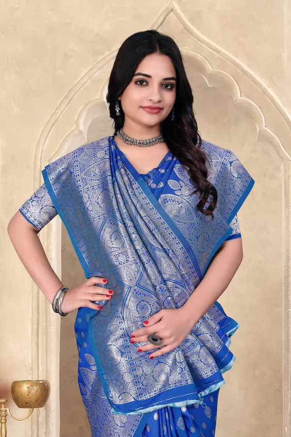 Blue_Banarasi_Silk_Saree_With_Silver_Zari_Work