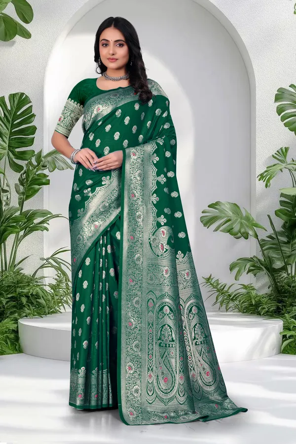 Green_Banarasi_Silk_Saree_With_Silver_Zari_Work
