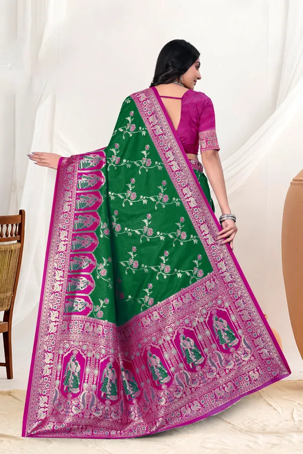 Green_Banarasi_Silk_Saree_With_Pink_Zari_Border