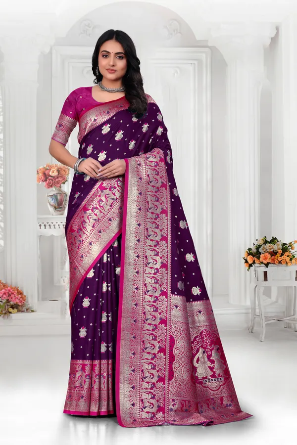Purple_Banarasi_Silk_Saree_With_Pink_Zari_Border_And_Woven_Motifs