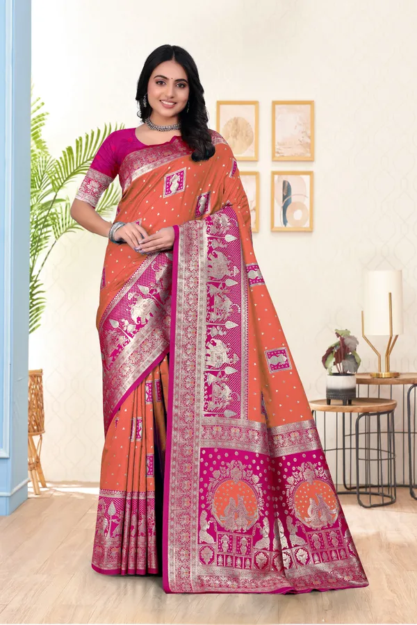 Orange_And_Pink_Banarasi_Silk_Saree_With_Zari_Work