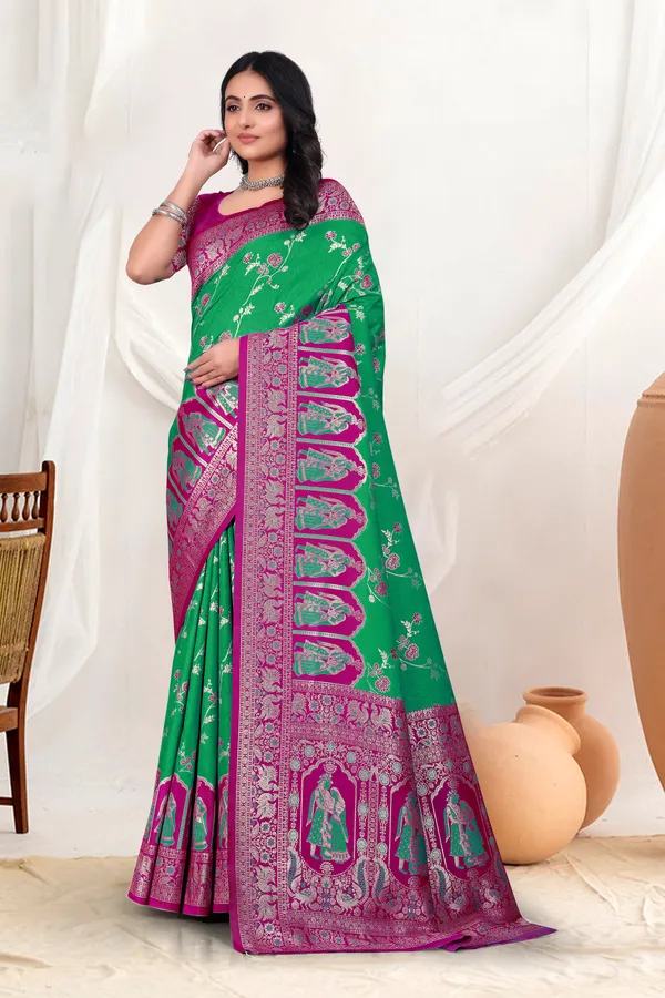 Green_Banarasi_Silk_Saree_With_Pink_Zari_Border