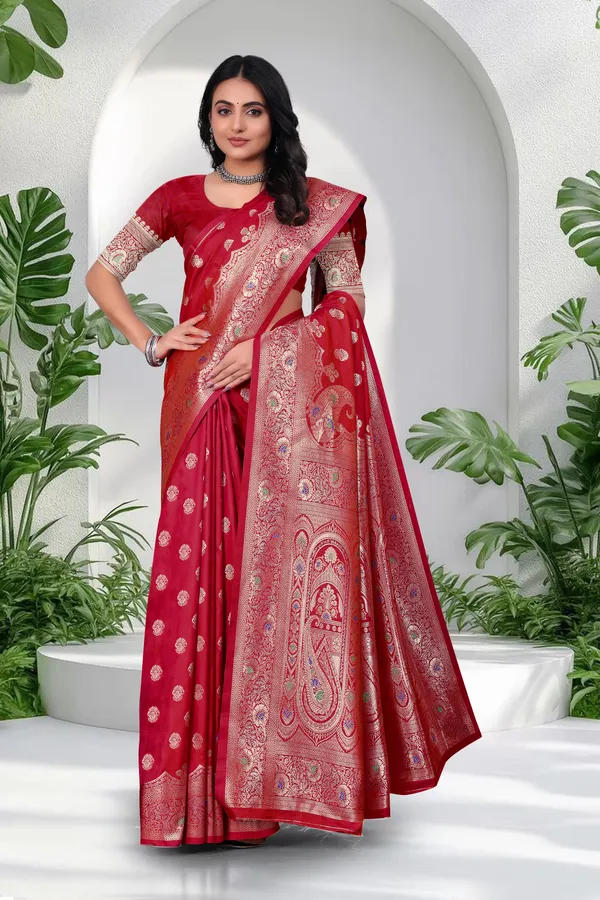 Red_Banarasi_Silk_Saree_With_Golden_Brocade_Work_And_Designer_Blouse