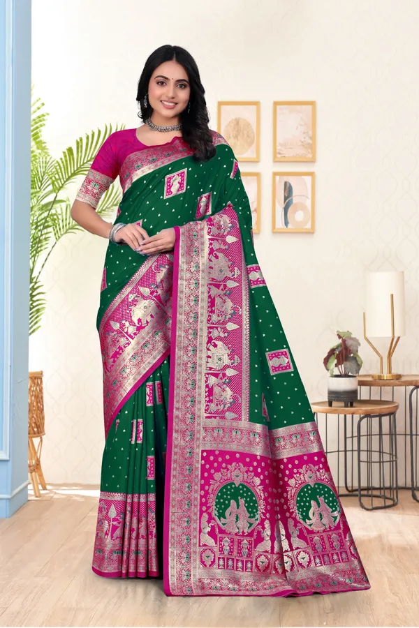 Green_And_Pink_Banarasi_Silk_Saree_With_Zari_Work
