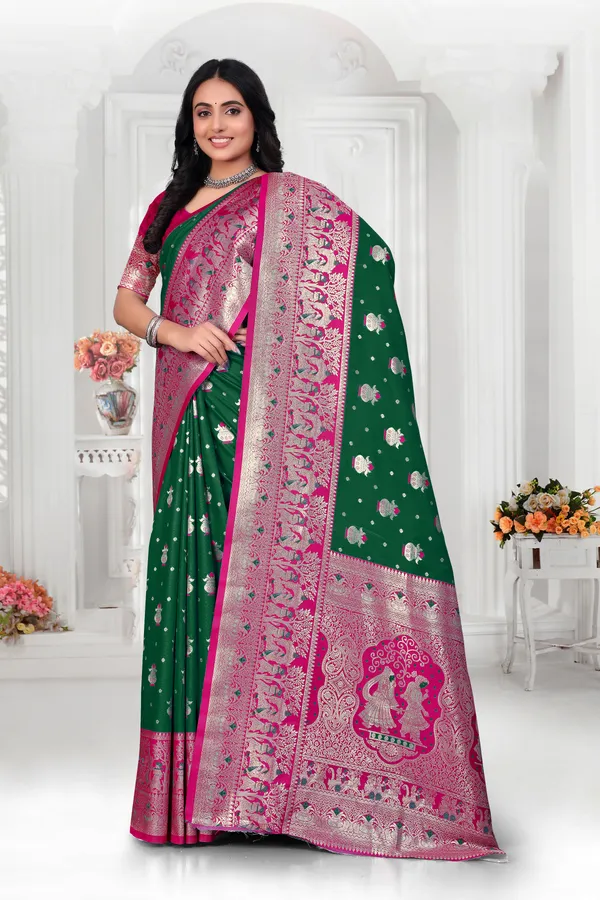 Green_Banarasi_Silk_Saree_With_Pink_Zari_Border_And_Peacock_Motifs