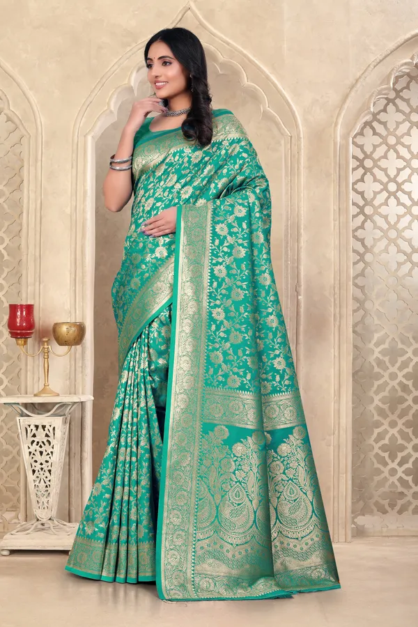 Turquoise_Green_Banarasi_Silk_Saree_With_Golden_Zari_Work