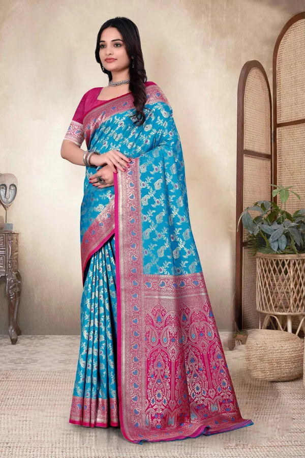 Blue_Banarasi_Silk_Saree_With_Pink_Border_And_Intricate_Weaving