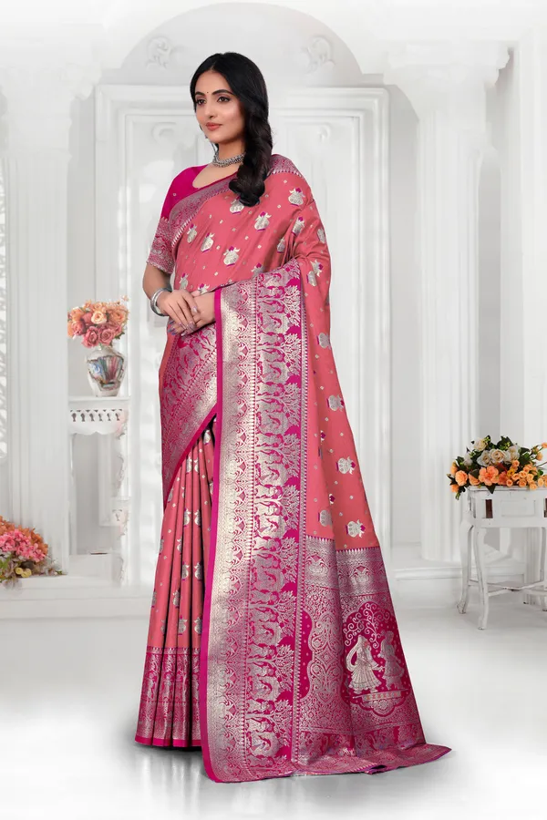 Orange_And_Pink_Banarasi_Silk_Saree_With_Zari_Work