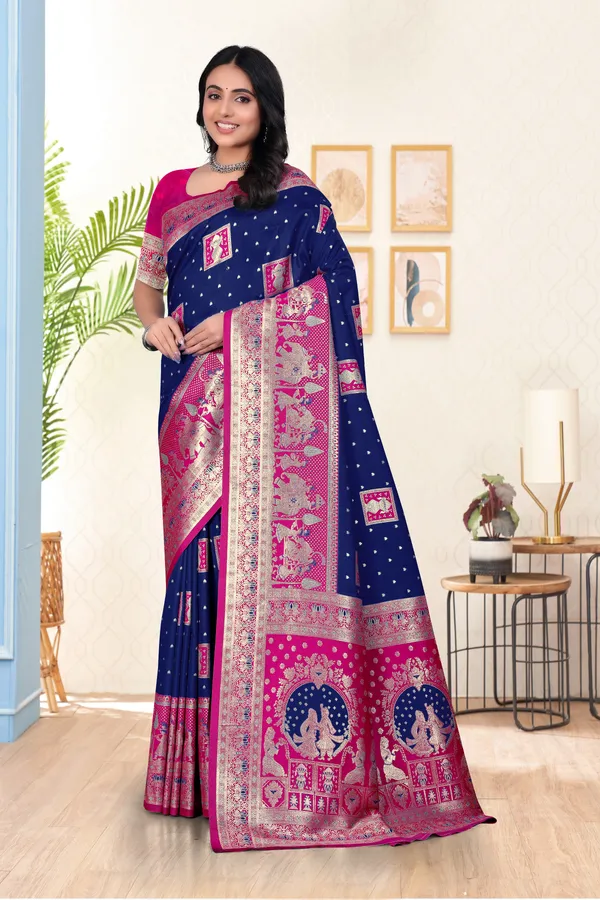 Traditional_Navy_Blue_And_Pink_Banarasi_Silk_Saree_With_Zari_Work
