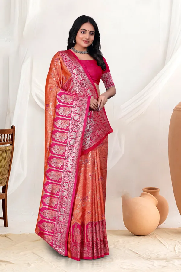 Orange_And_Pink_Banarasi_Silk_Saree_With_Silver_Zari_Work