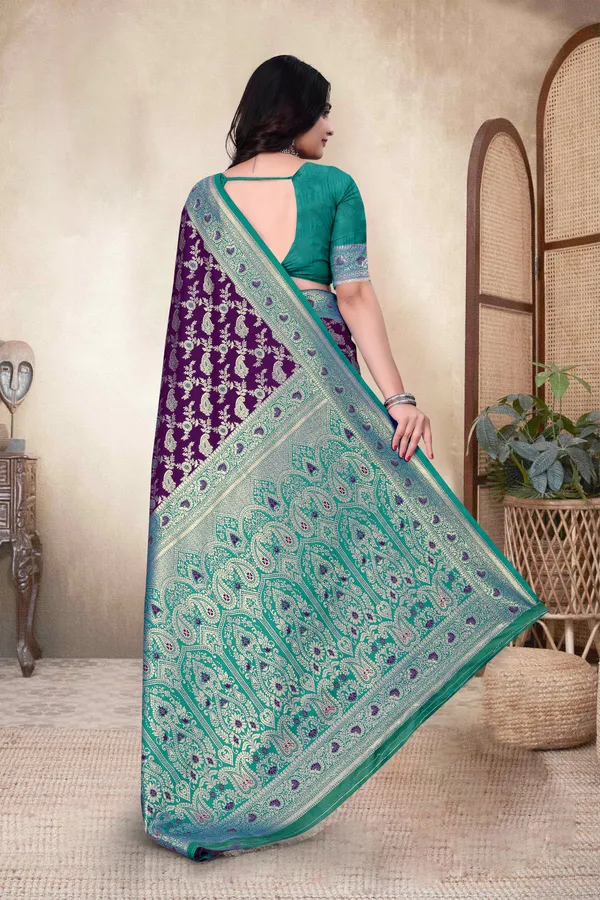 Purple_Banarasi_Silk_Saree_With_Teal_Zari_Border_And_Blouse