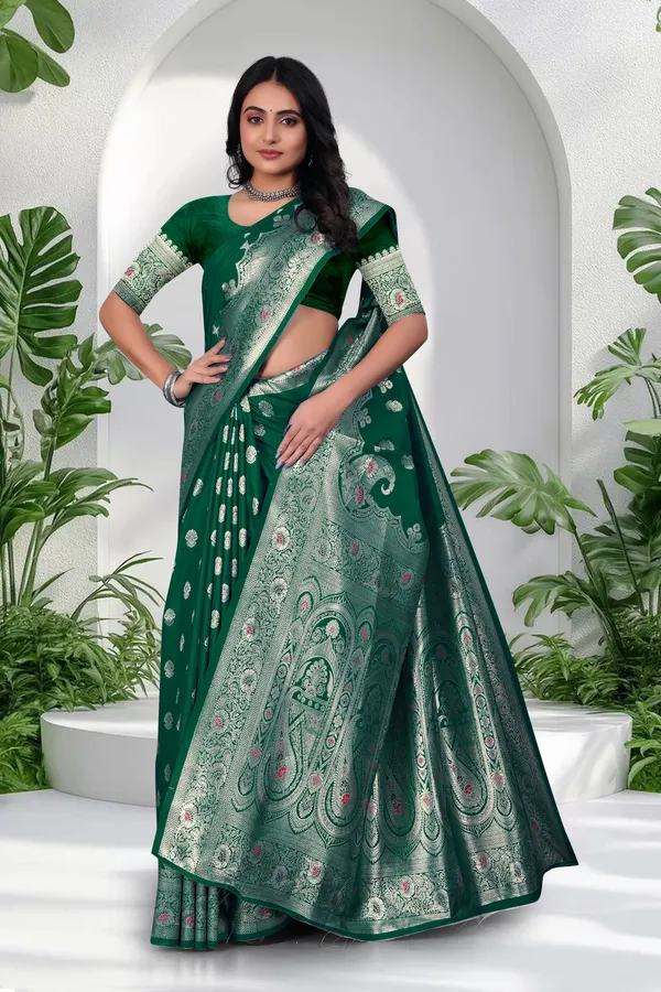 Green_Banarasi_Silk_Saree_With_Silver_Zari_Work