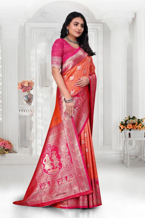 Orange_And_Pink_Banarasi_Silk_Saree_With_Zari_Work