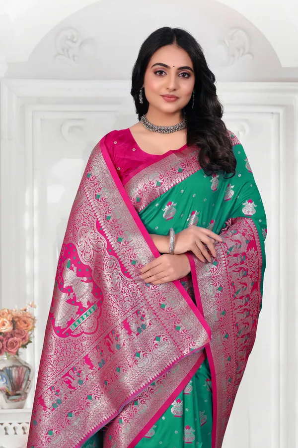 Green_Banarasi_Silk_Saree_With_Pink_Zari_Border