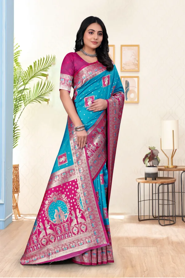 Banarasi_Silk_Saree_In_Sky_Blue_And_Magenta_Pink_With_Traditional_Weaving