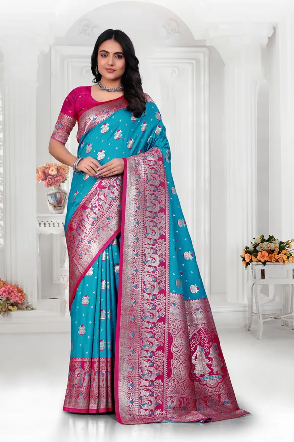 Banarasi_Silk_Saree_With_Zari_Weaving_-_Turquoise_Blue_And_Pink