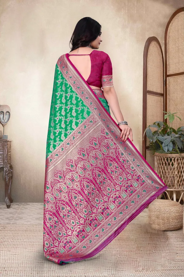 Green_Banarasi_Silk_Saree_With_Pink_Zari_Border_And_Floral_Weaving