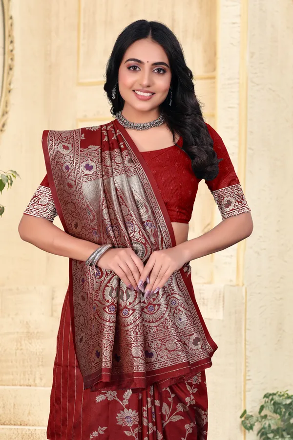 Maroon_Banarasi_Silk_Saree_With_Silver_Zari_Work_And_Embroidered_Blouse