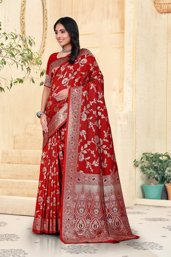 Red_Banarasi_Silk_Saree_With_Silver_Zari_Work