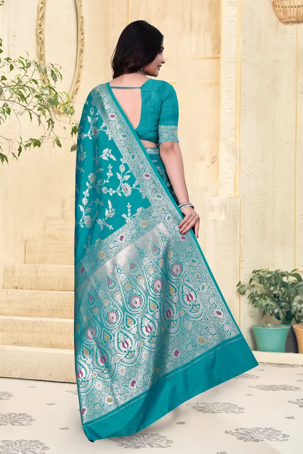 Turquoise_Blue_Banarasi_Silk_Saree_With_Silver_Zari_Work