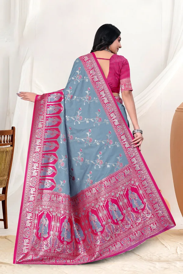 Banarasi_Silk_Saree_With_Zari_Weaving_In_Grey_And_Blue_And_Pink