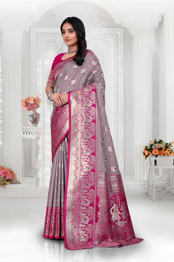 Designer_Banarasi_Silk_Saree_With_Zari_Work_-_Grey_And_Pink