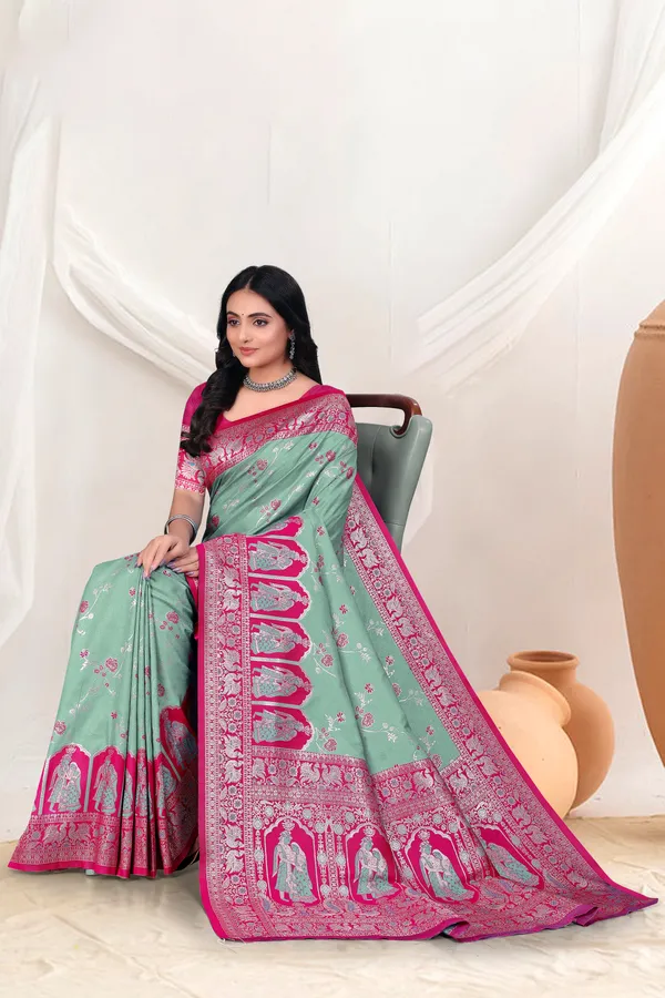 Mint_Green_Banarasi_Silk_Saree_With_Pink_Zari_Border