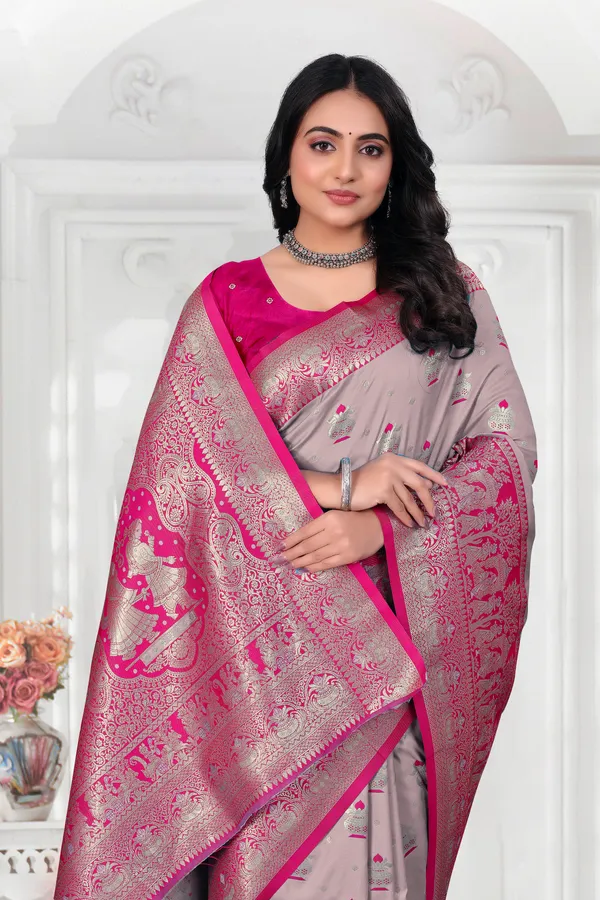 Designer_Banarasi_Silk_Saree_With_Zari_Work_-_Grey_And_Pink