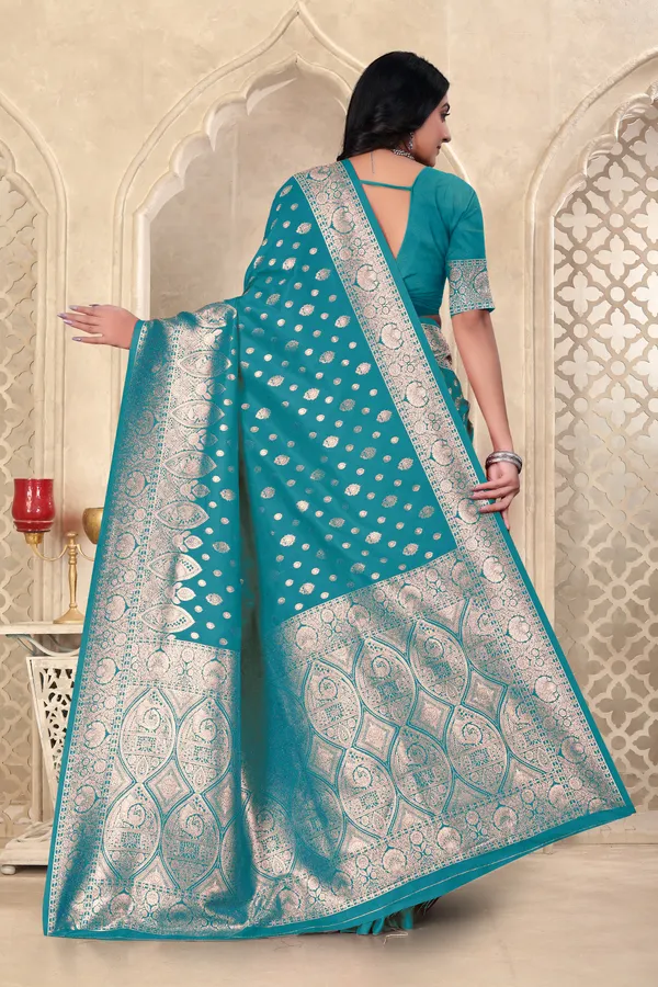 Teal_Blue_Banarasi_Silk_Saree_With_Silver_Zari_Work