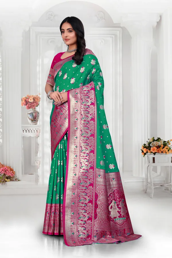 Green_Banarasi_Silk_Saree_With_Pink_Zari_Border