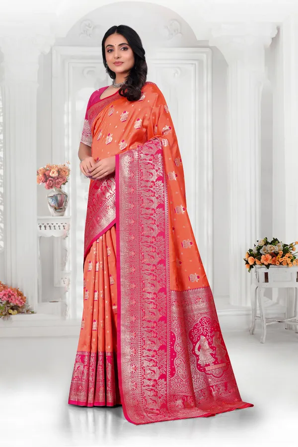 Orange_And_Pink_Banarasi_Silk_Saree_With_Zari_Work