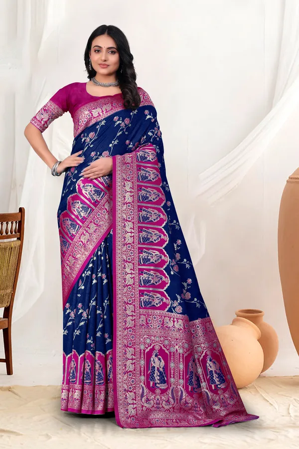 Navy_Blue_Banarasi_Silk_Saree_With_Pink_Zari_Border