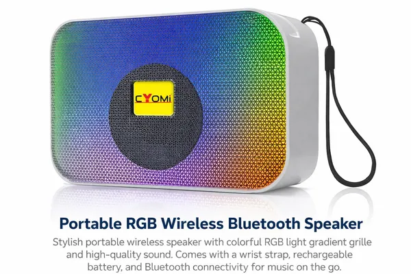 CYomi_mini_Portable_Bluetooth_Speaker,_White_and_Turquoise,_Wireless_Audio_Device_with_Control_Buttons