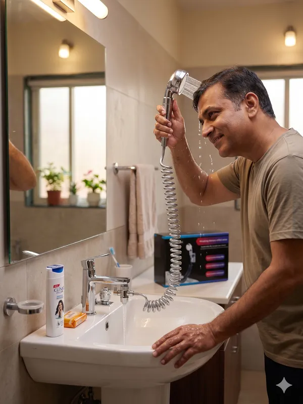 Washbasin_Faucet_With_External_Shower_Set_–_Double_Control_Bathroom_Sink_Tap_With_Handheld_Shower,_Retractable_Hose,_Bracket_And_Spray_Head_For_Hair_Washing