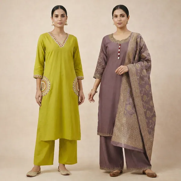 Lime_Green_Cotton_Kurta_Palazzo_Set_And_Mauve_Brown_Silk_Kurta_Palazzo_Set_For_Women