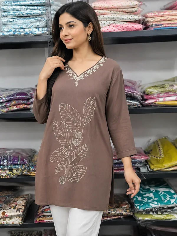 Brown_Leaf_Embroidered_Cotton_Tunic_for_Women