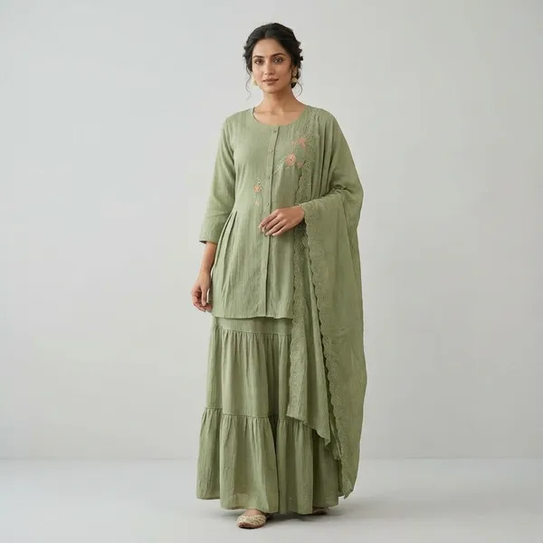 Olive_Green_Saffron_Kurta_Sharara_Set_For_Women