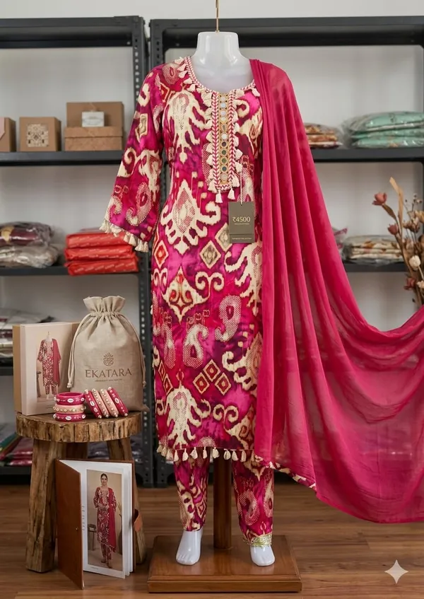 Dark_Pink_Cotton_Blend_Suit_Set_For_Women