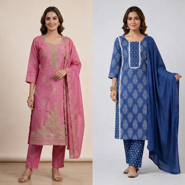 Pink_Georgette_Kurta_Set_And_Blue_Cotton_Kurta_Set_For_Women