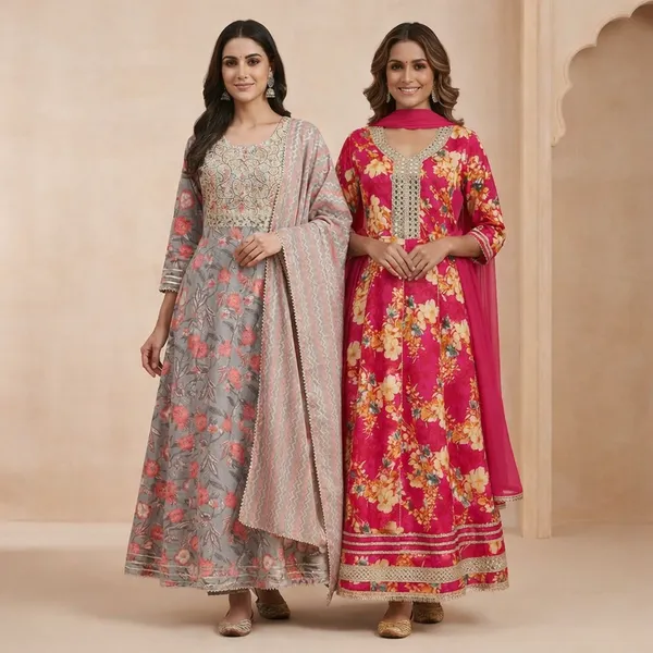 Pink_Cotton_Blend_Anarkali_Suit_Set_And_Peach_Cotton_Blend_Anarkali_Suit_Set_For_Women