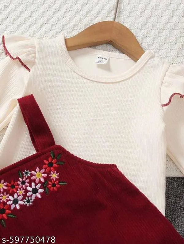 Maroon_Cotton_Blend_Embroidered_T-Shirt_Dungaree_Set_For_Girls