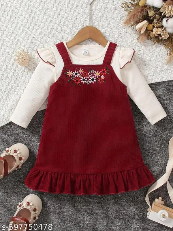 Maroon_Cotton_Blend_Embroidered_T-Shirt_Dungaree_Set_For_Girls
