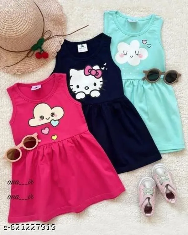 Multicolour_Cotton_Blend_Fit_And_Flare_Dress_Set_For_Girls_(Pack_Of_3)