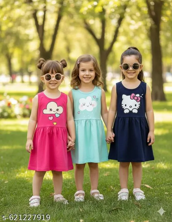 Multicolour_Cotton_Blend_Fit_And_Flare_Dress_Set_For_Girls_(Pack_Of_3)